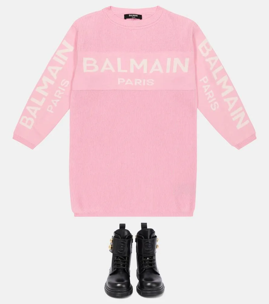 Balmain Cotton Blend Logo Sweater Dress, Pink