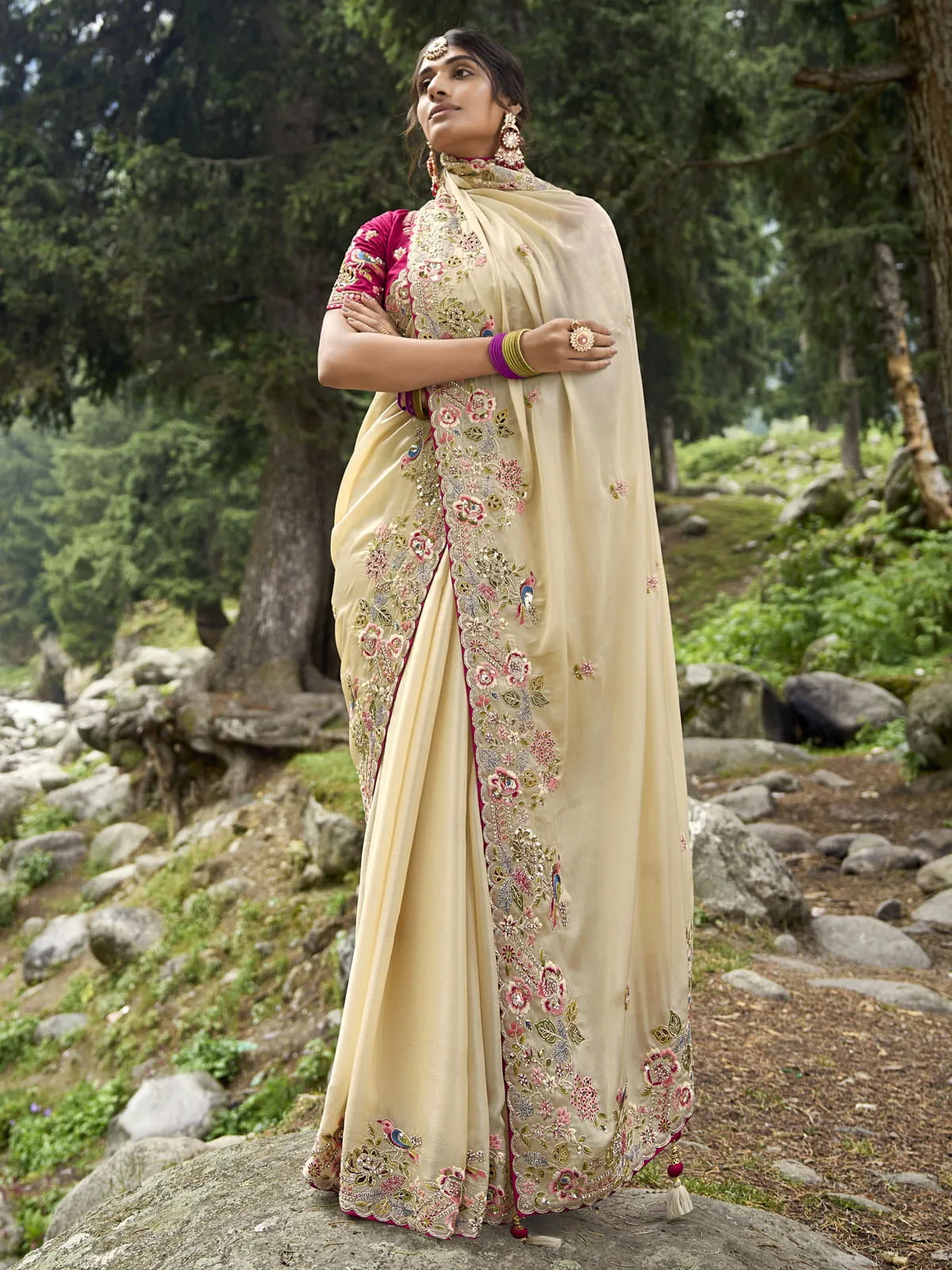 cream satin organza c-pallu embroidered saree with gajri silk blouse