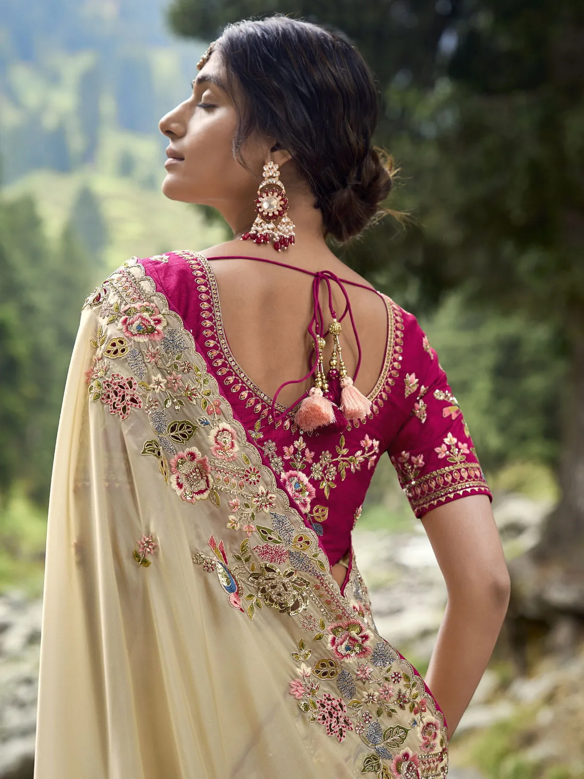cream satin organza c-pallu embroidered saree with gajri silk blouse