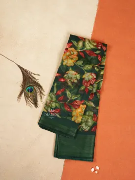 Dark Green Linen Cotton Saree With Floral Motifs On the Body with Matching Border
