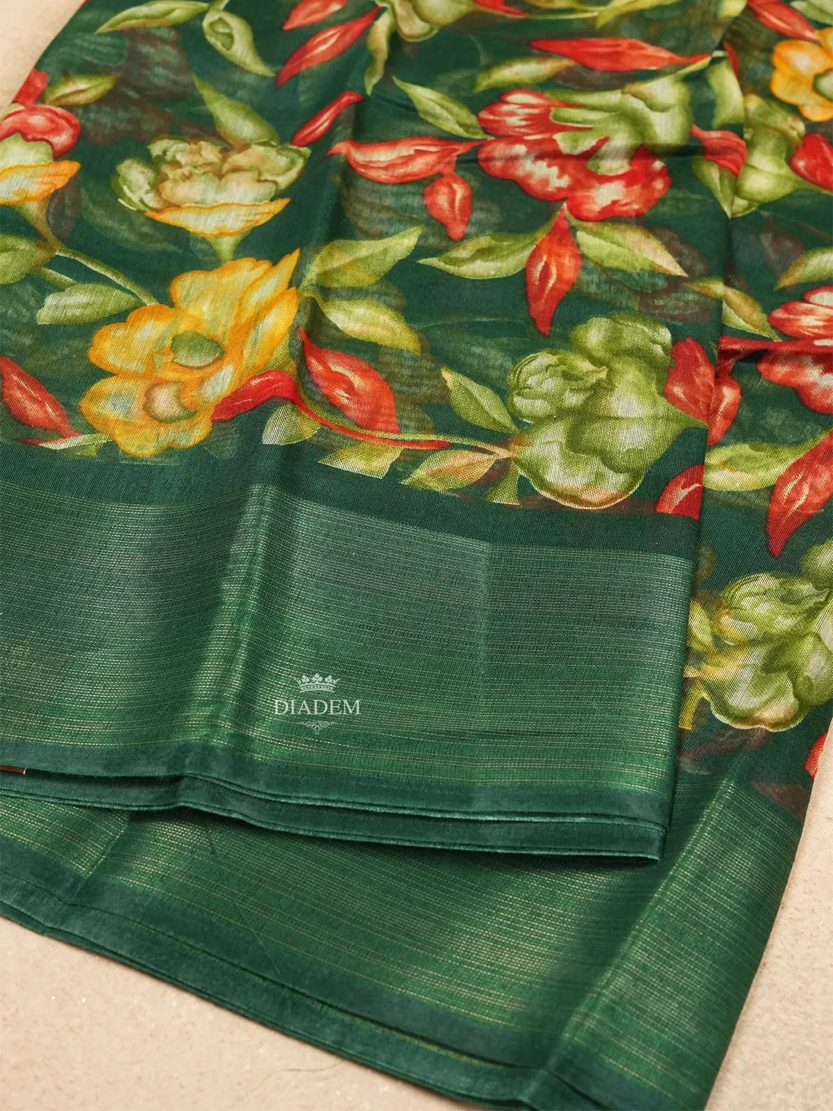 Dark Green Linen Cotton Saree With Floral Motifs On the Body with Matching Border