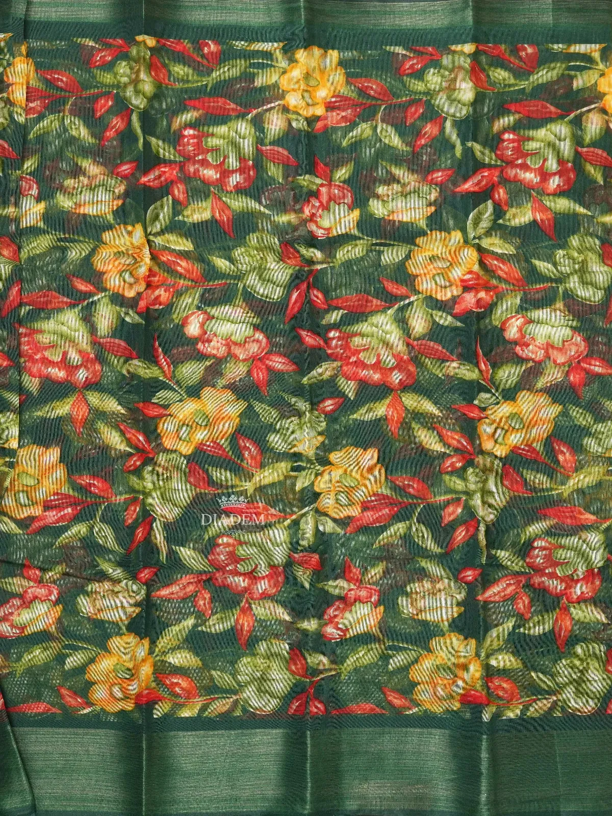 Dark Green Linen Cotton Saree With Floral Motifs On the Body with Matching Border