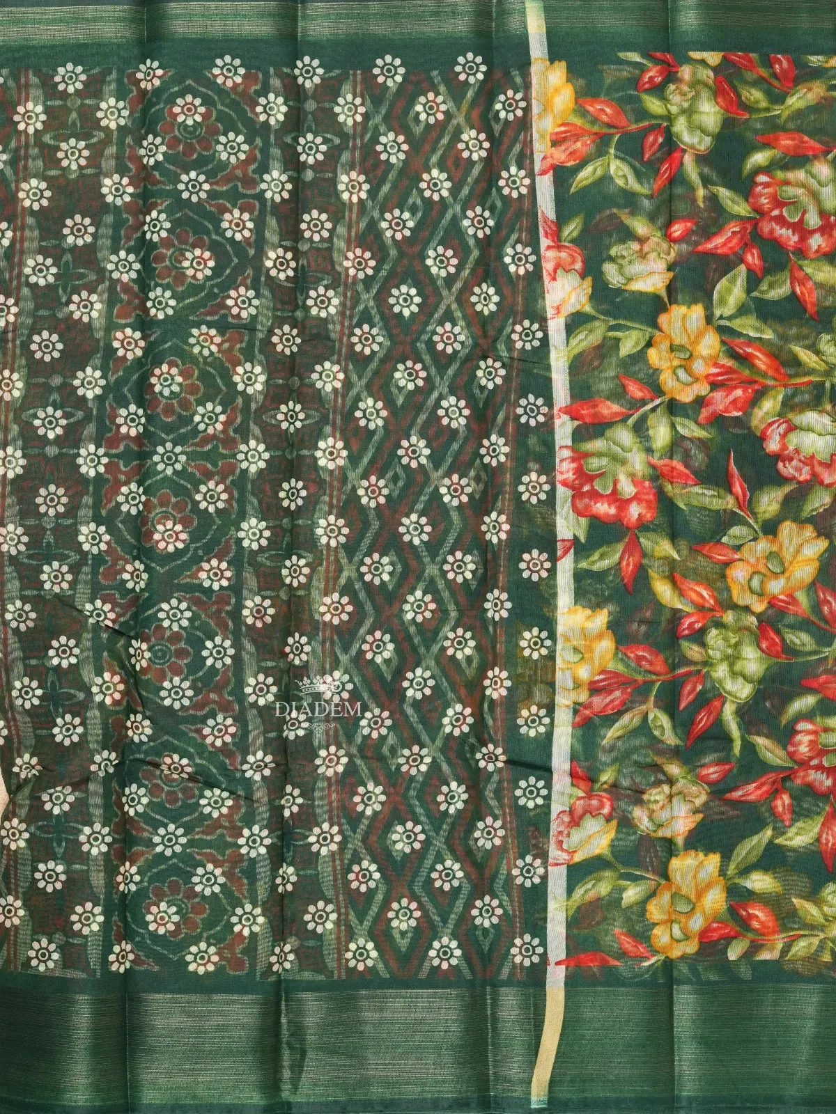 Dark Green Linen Cotton Saree With Floral Motifs On the Body with Matching Border