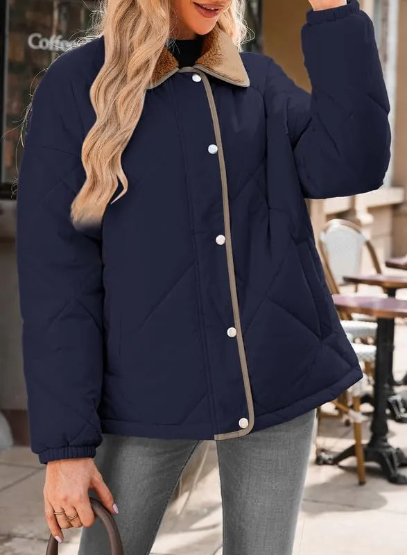 Dokotoo Women's Winter Casual Quilted Jackets Long Sleeve Button Down Puffer Jacket Padded Outerwear Coats