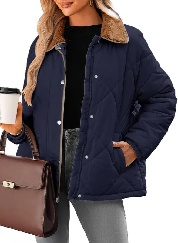 Dokotoo Women's Winter Casual Quilted Jackets Long Sleeve Button Down Puffer Jacket Padded Outerwear Coats