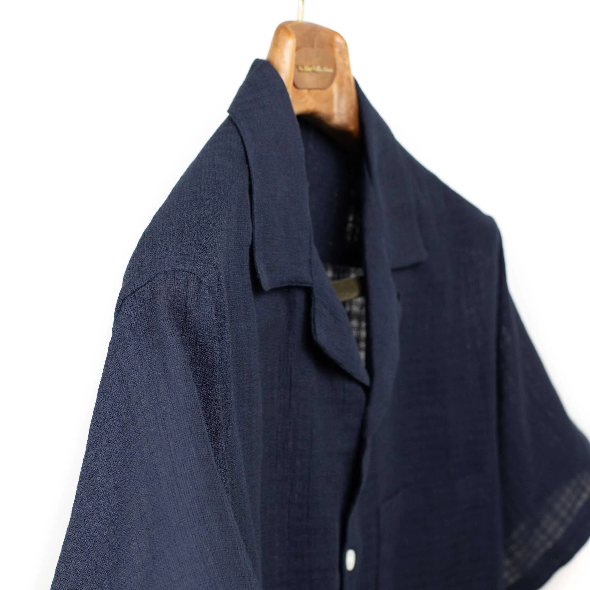 Grain camp collar shirt in navy checked cotton gauze