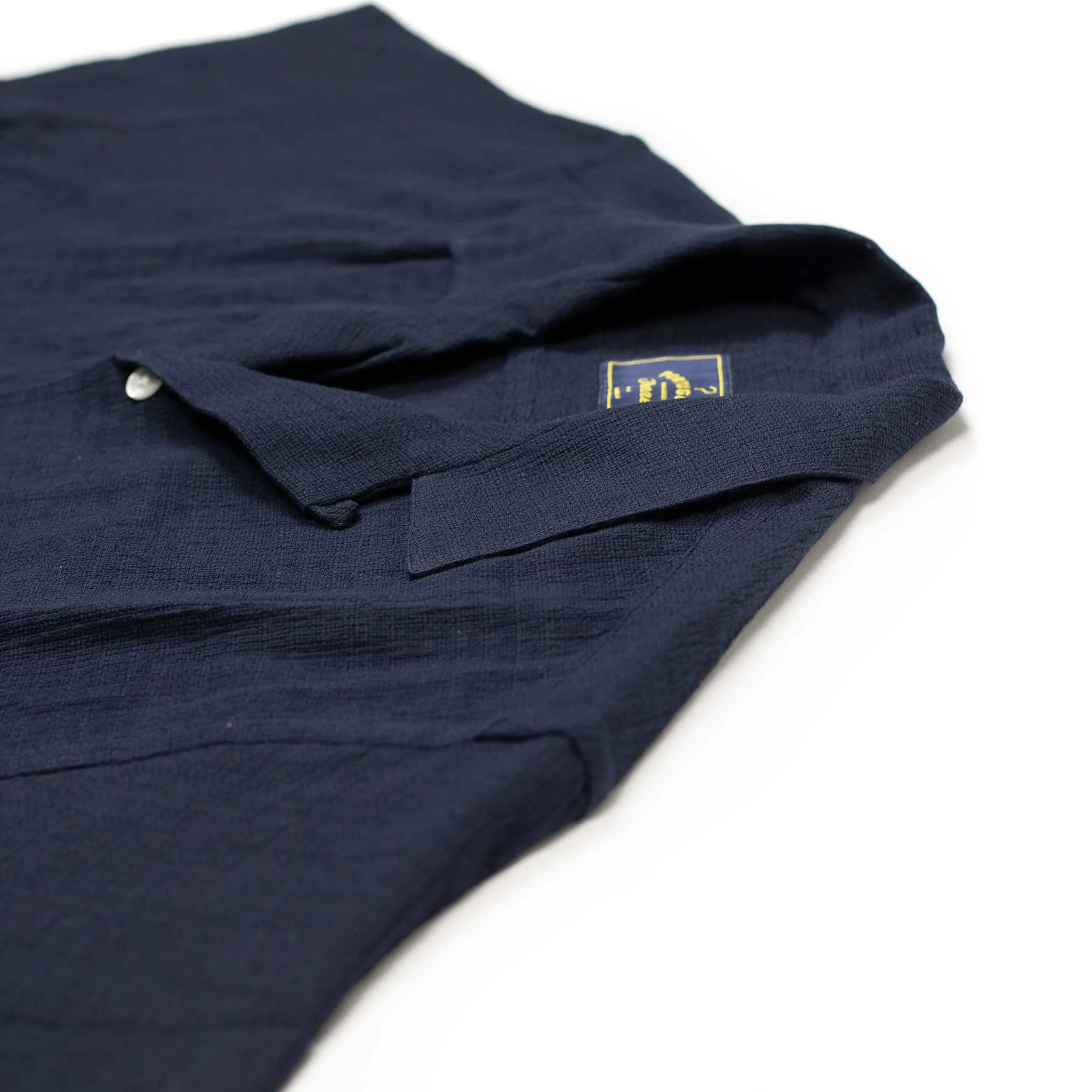 Grain camp collar shirt in navy checked cotton gauze