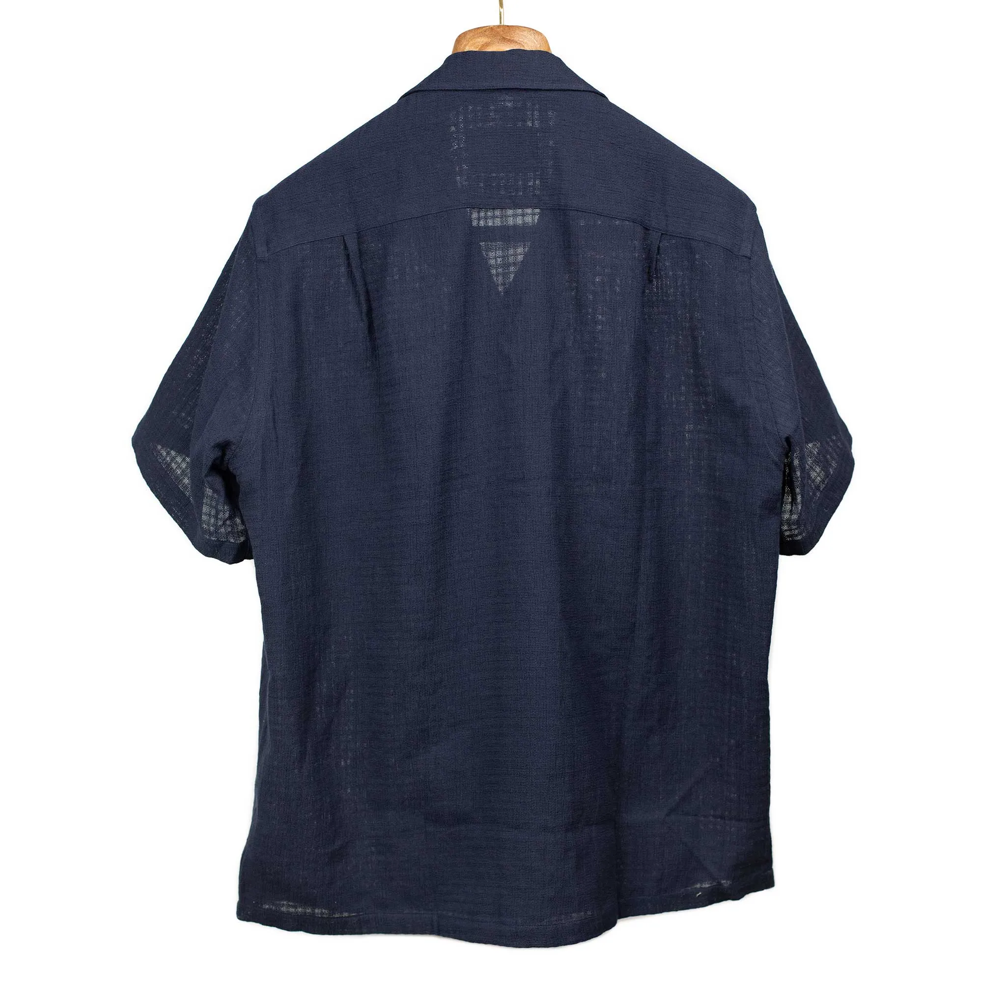 Grain camp collar shirt in navy checked cotton gauze
