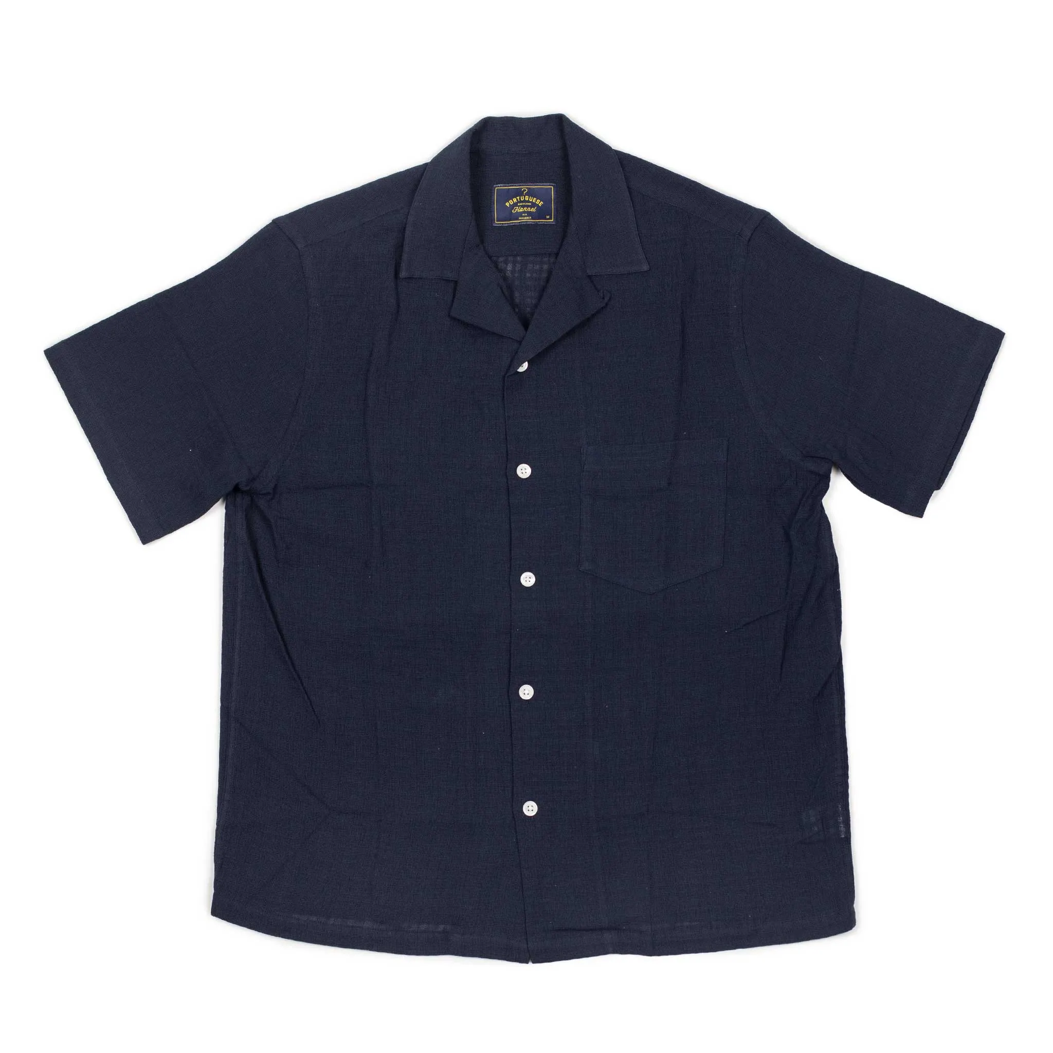 Grain camp collar shirt in navy checked cotton gauze