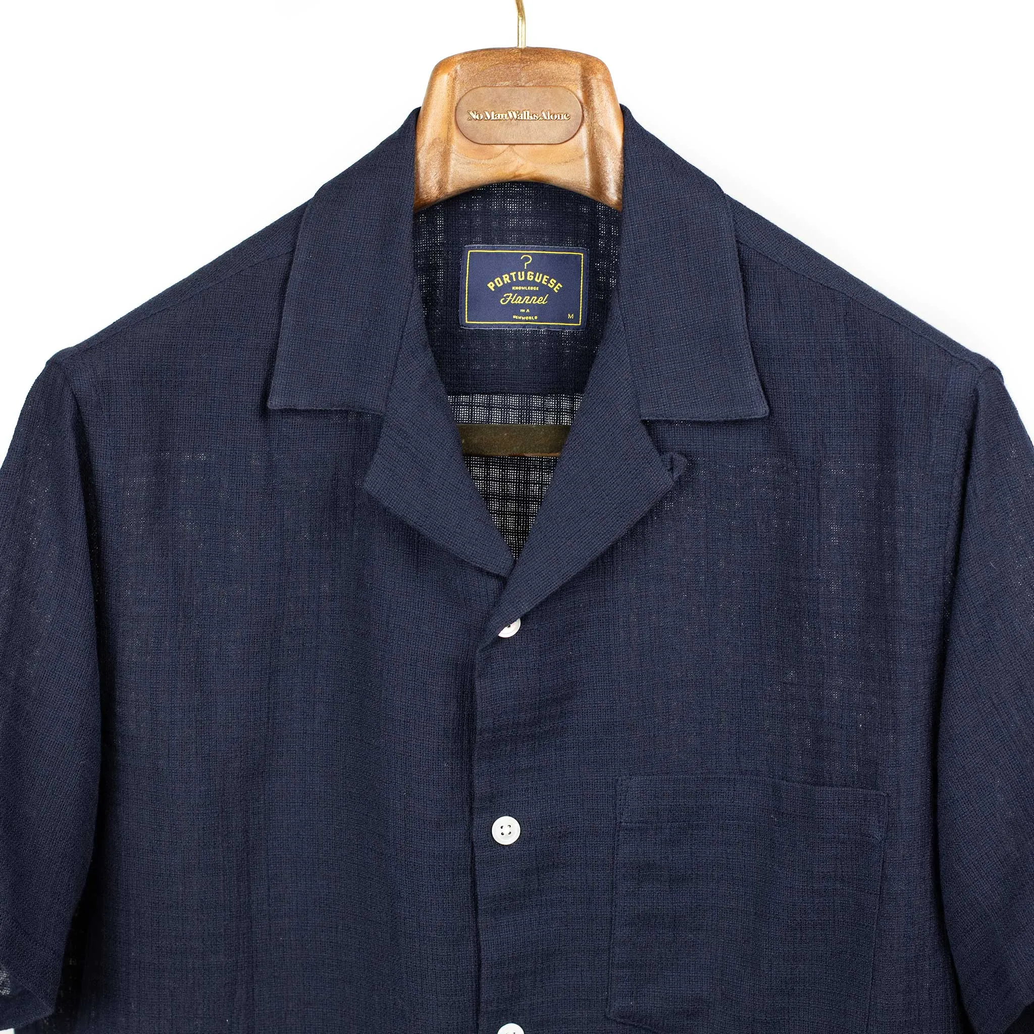 Grain camp collar shirt in navy checked cotton gauze