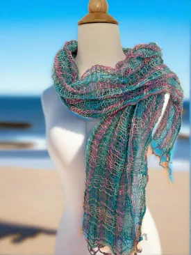 Handwoven Open Weave Cotton Scarf - Turquoise-Pink-Olive