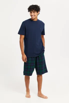 Men Navy Checked Nightwear Set (2 Piece)