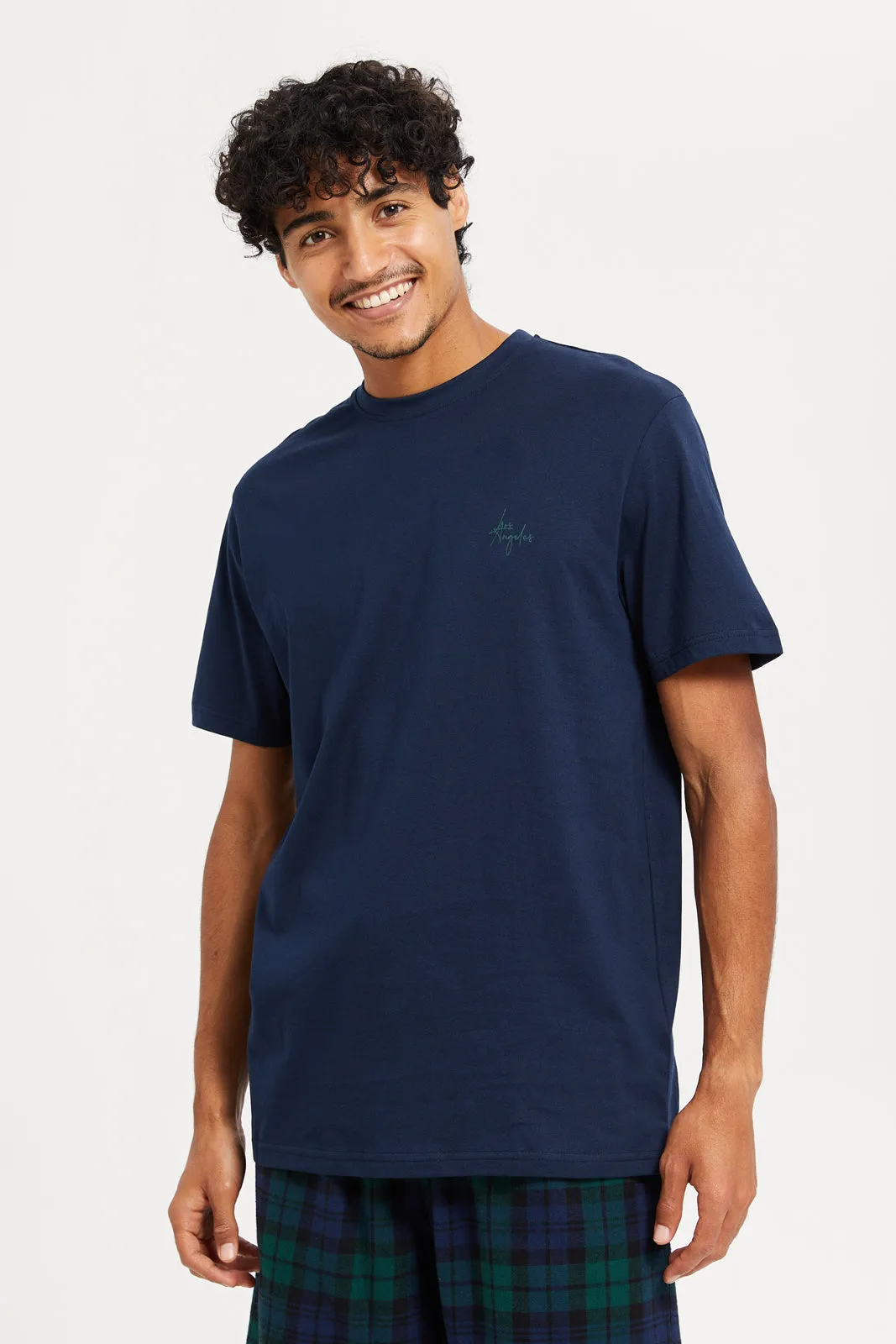 Men Navy Checked Nightwear Set (2 Piece)