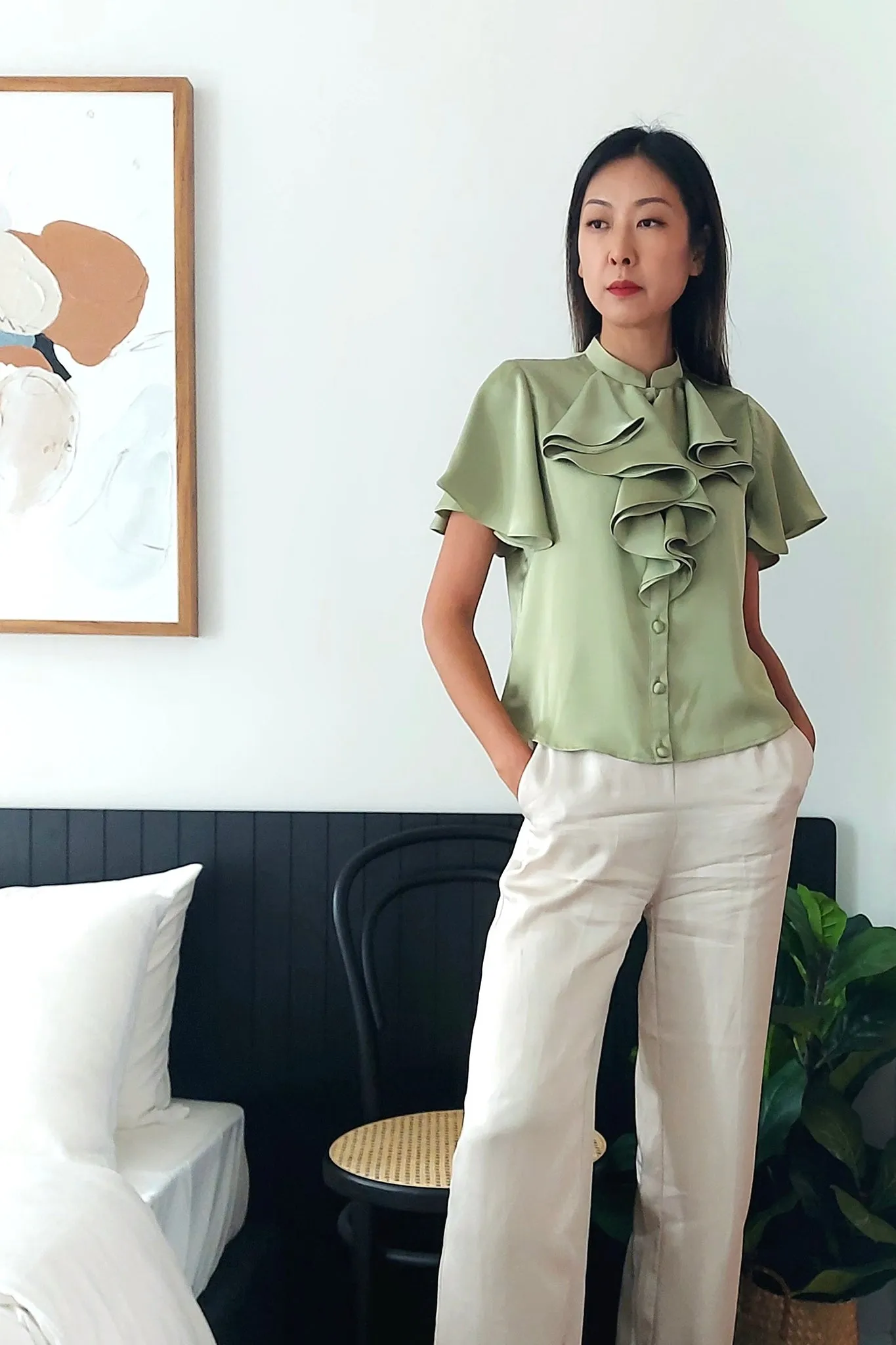 NIKO Satin Ruffle Blouse (Green)