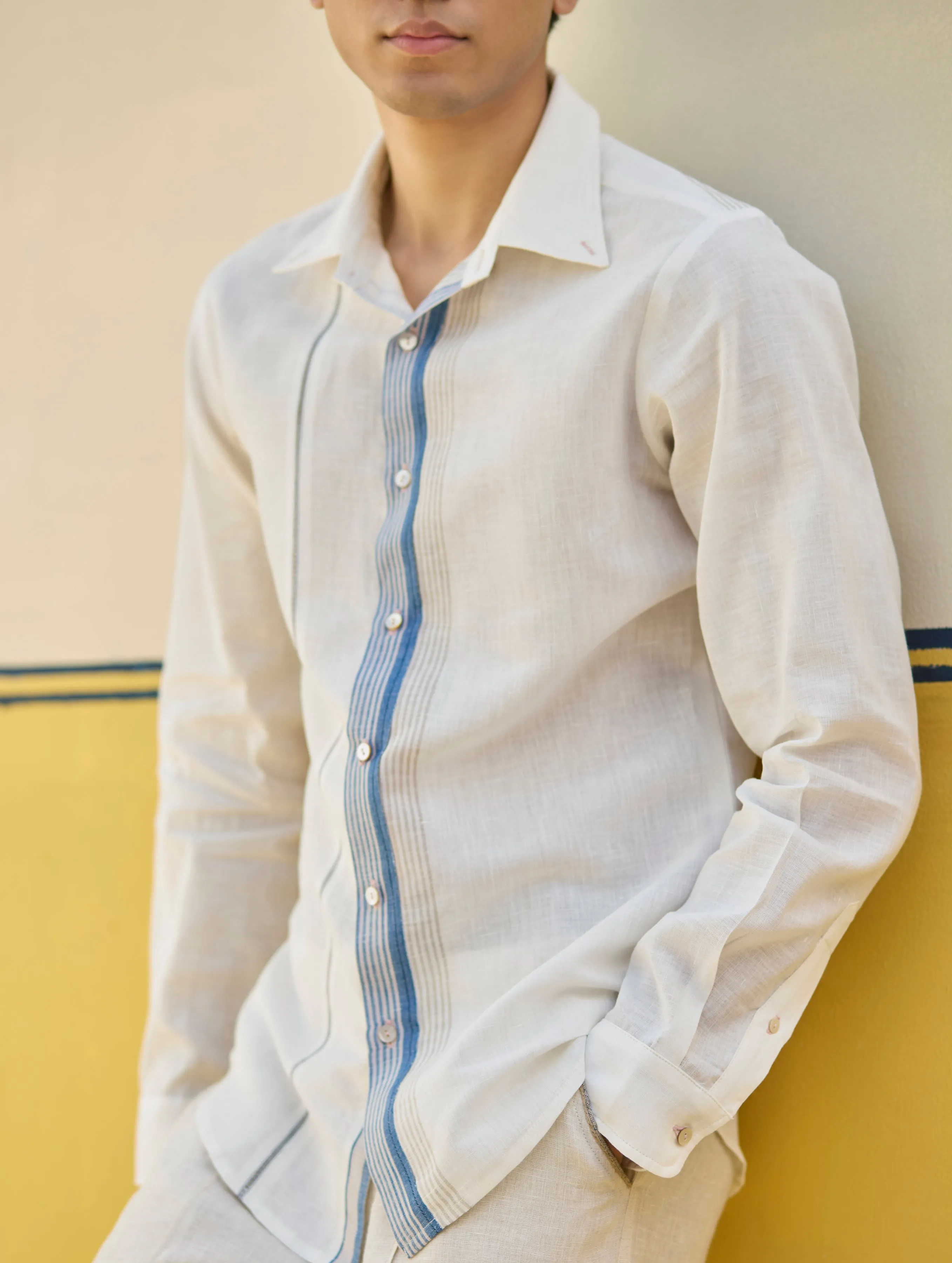 Rin Border Linen Shirt - Ivory