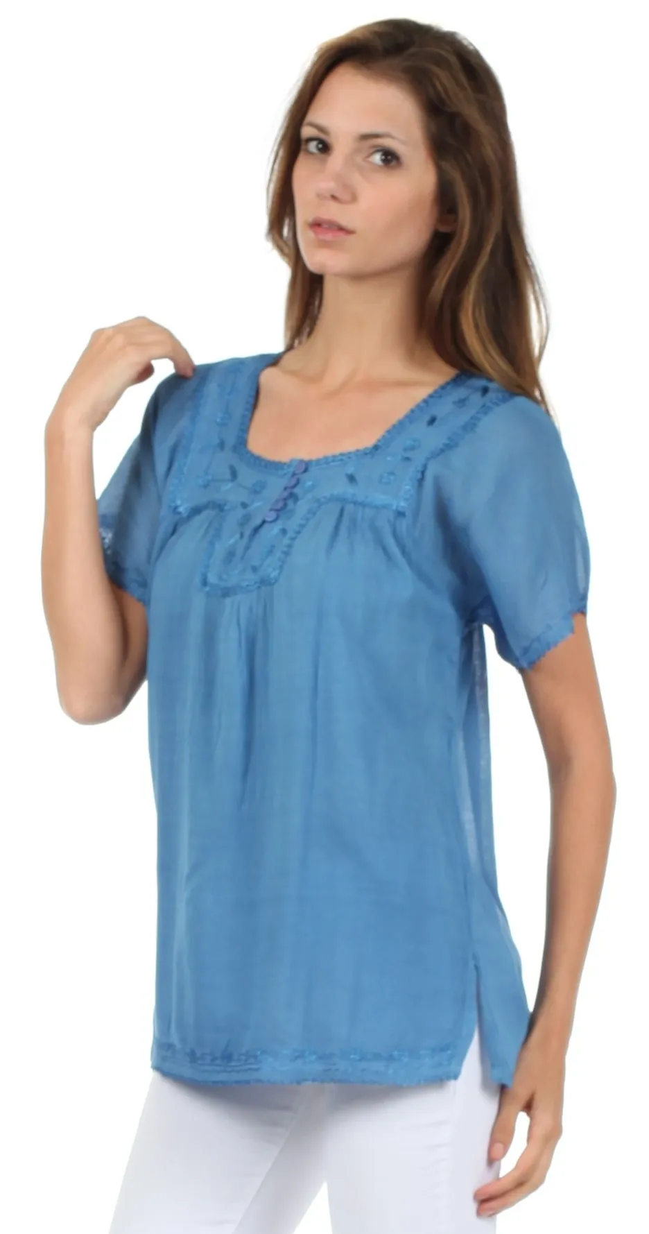 Sakkas Square Neck Button Detail Semi-Sheer Gauzy Cotton Blouse