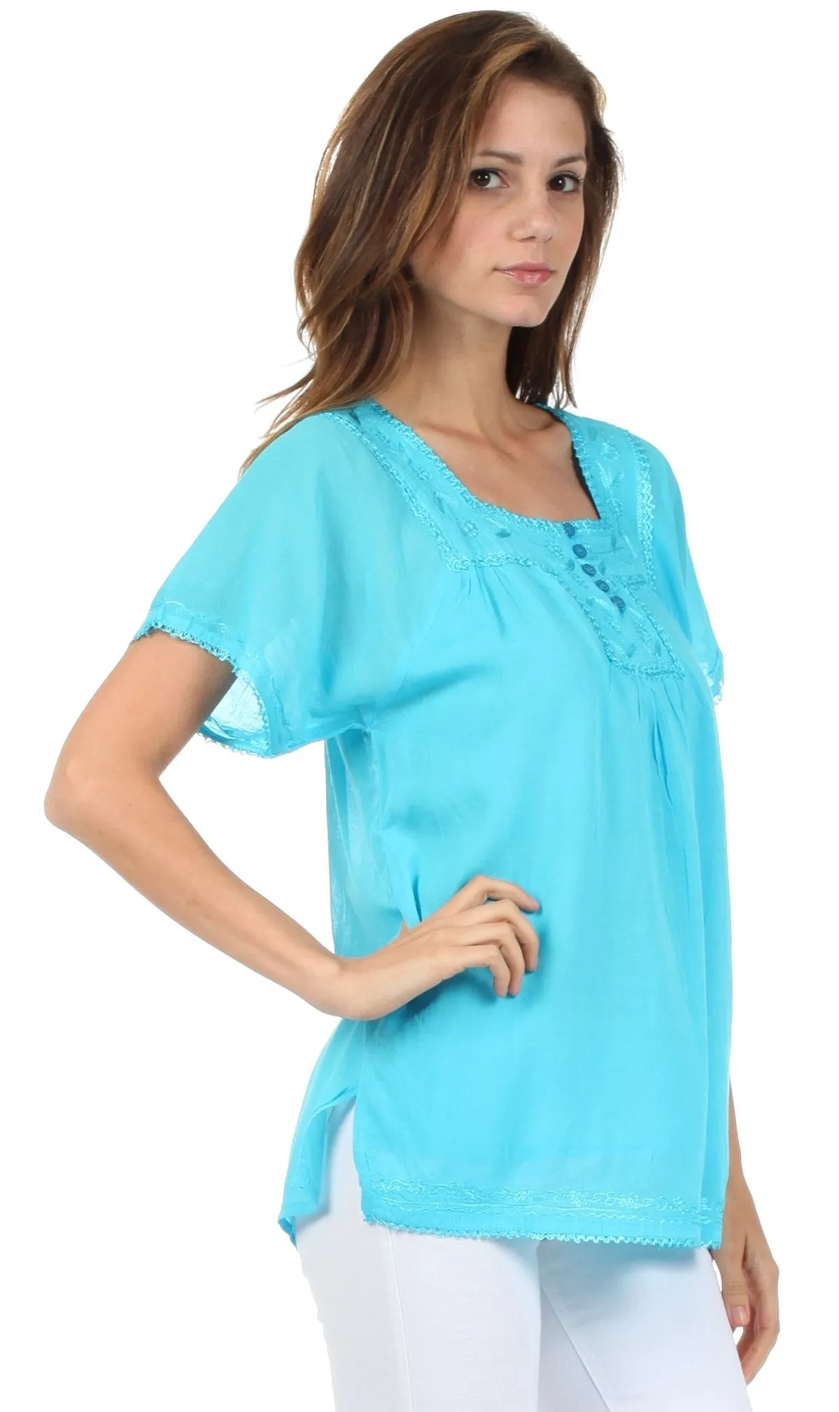 Sakkas Square Neck Button Detail Semi-Sheer Gauzy Cotton Blouse