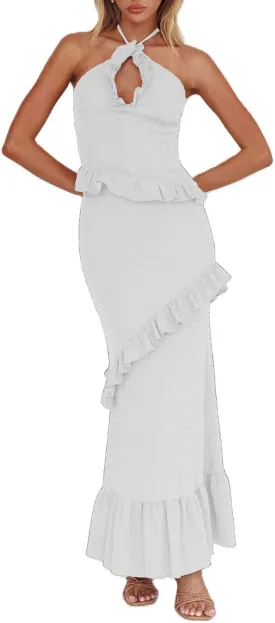 Women Ruffle Maxi Skirt Set Halter Ruched Crop Top Flowy Long Skirt Y2K 2 Piece Outfts Going Out